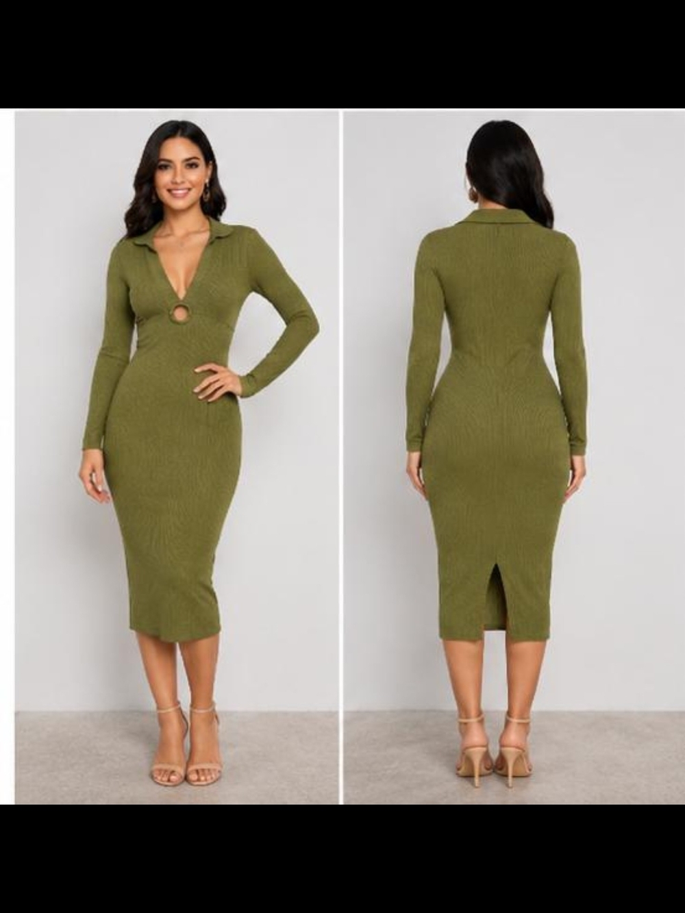 No Boundaries Olive Green Long Sleeve Ribbed Midi Dress